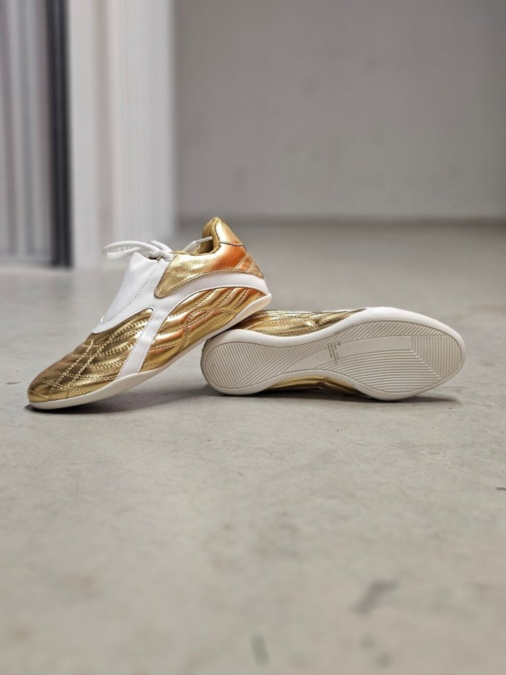 Gold & White Athletic Sneakers With Quilted Design & Lace-Up Closure - Picture 3 of 14